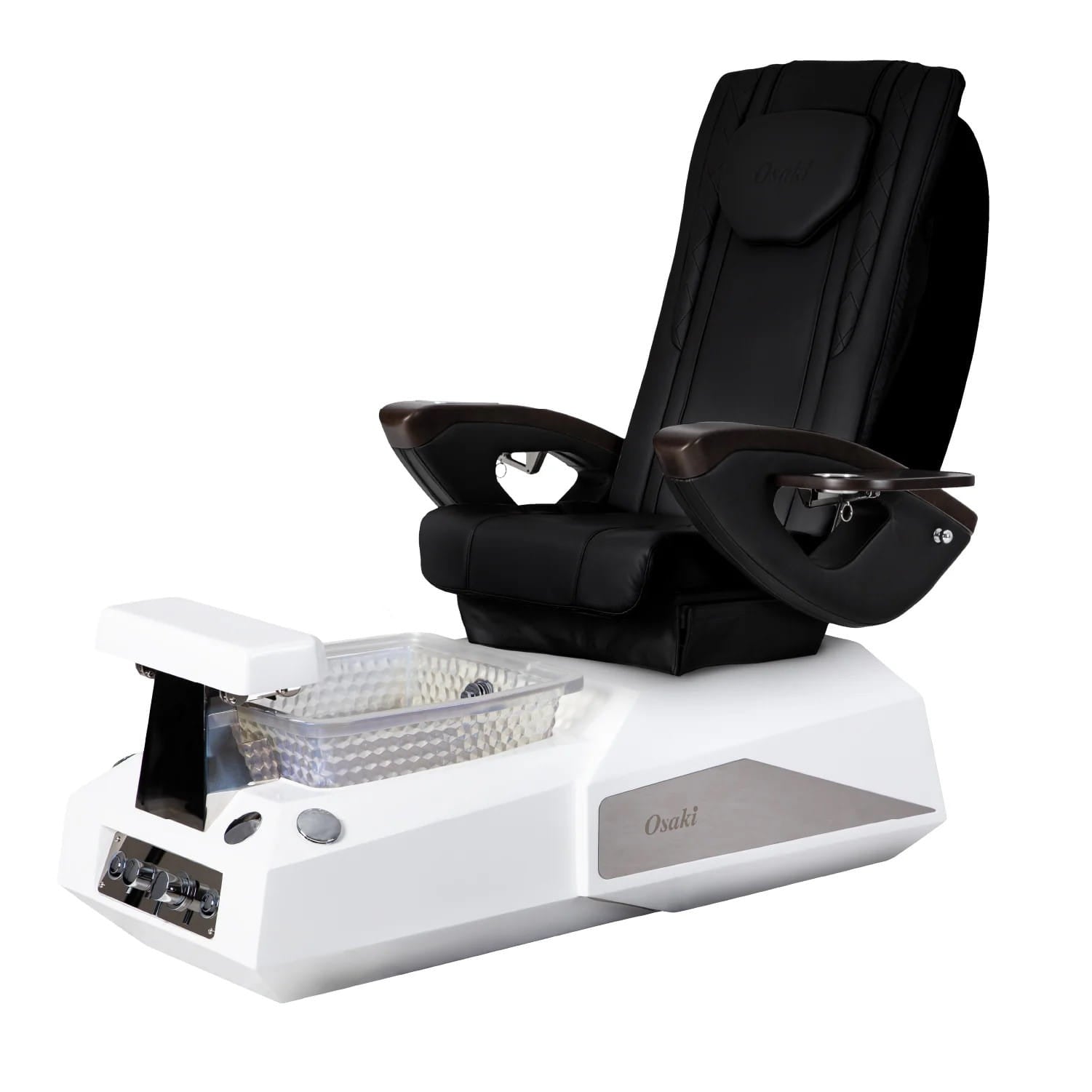 Black pedicure chair with white base and bowl