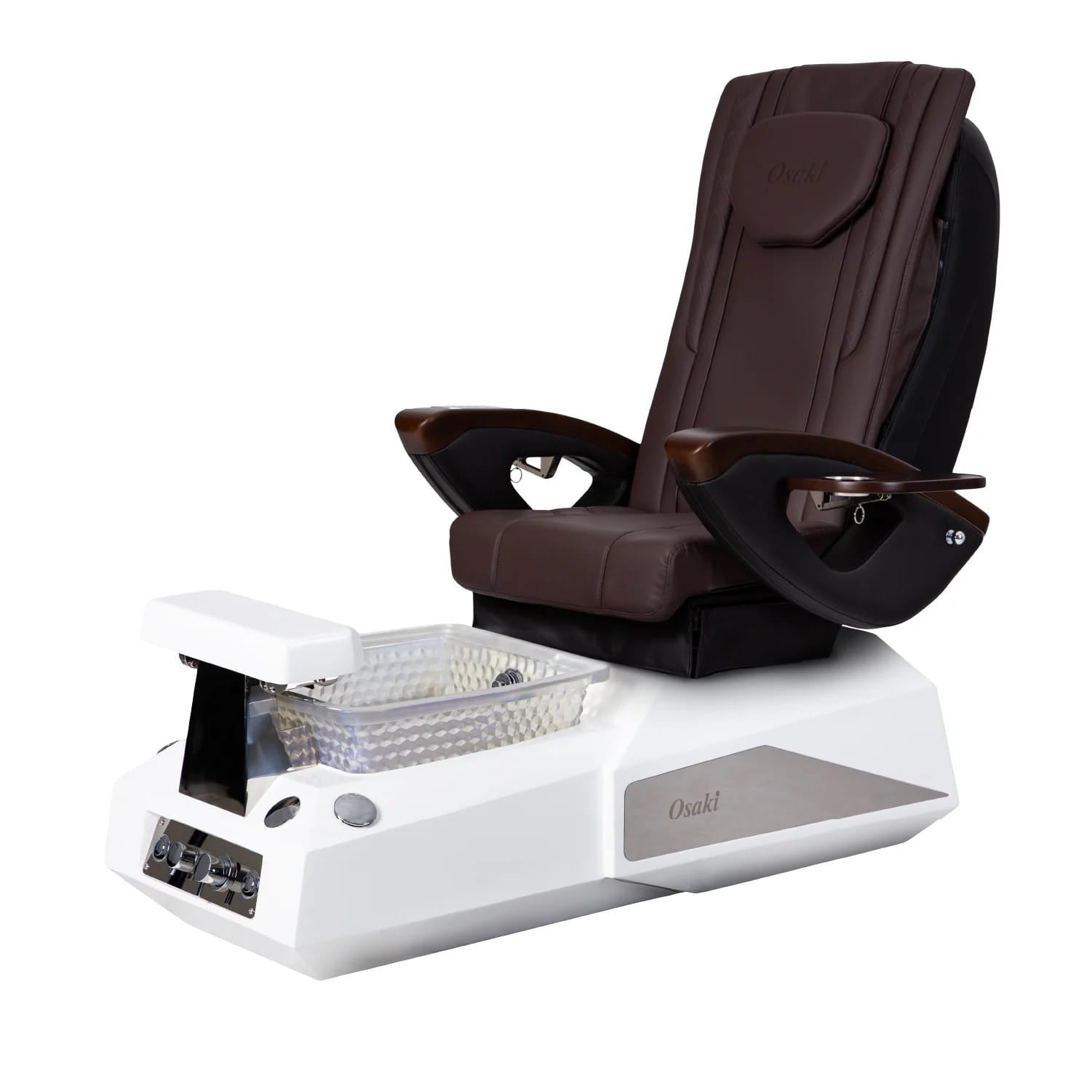 Brown pedicure chair with white base and bowl