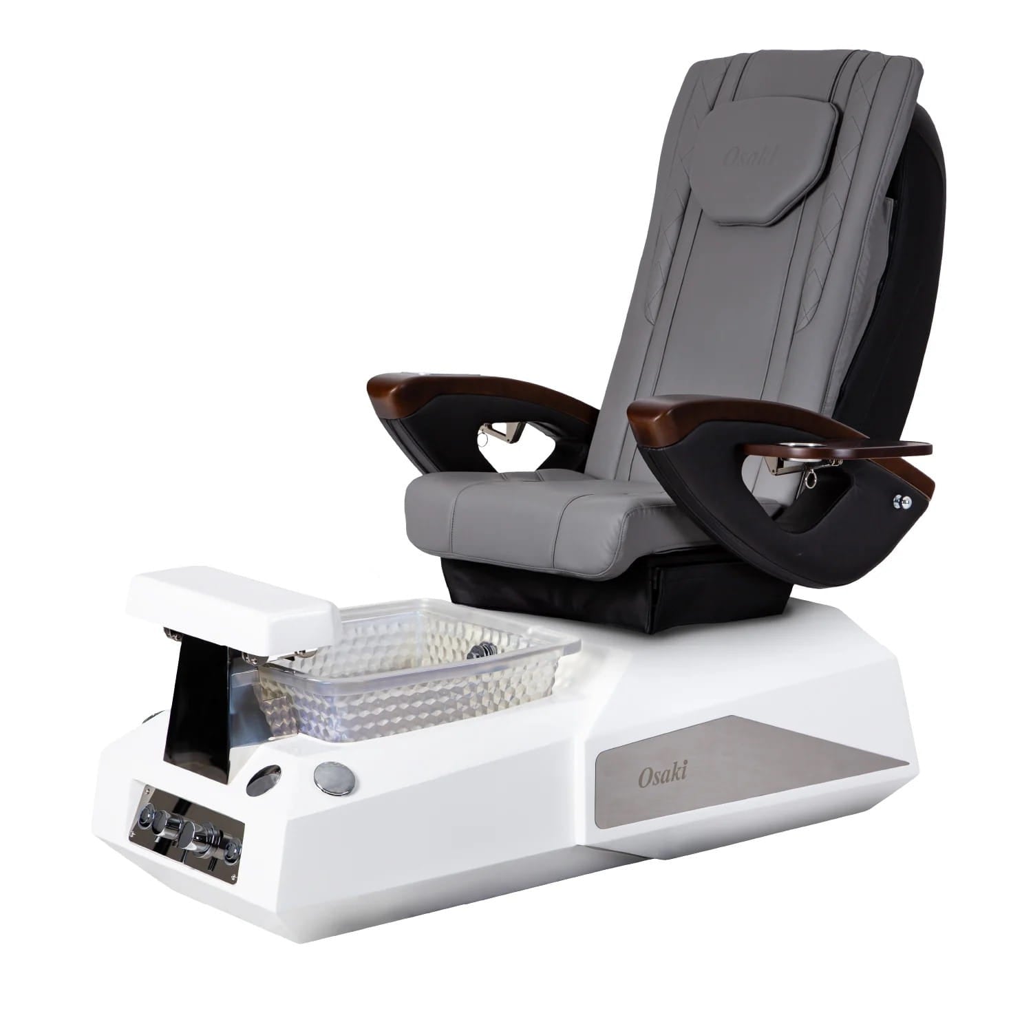 Gray pedicure chair with white base and bowl