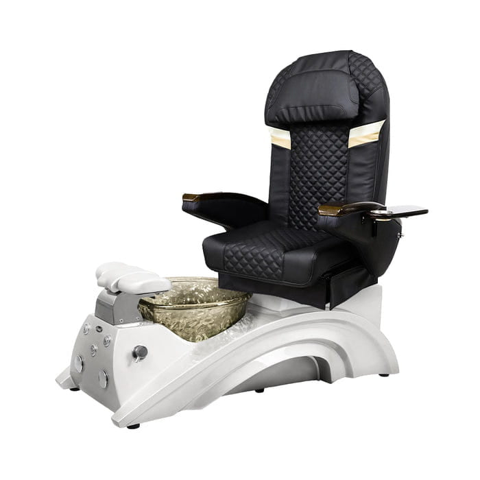 Black pedicure chair with white base and gold bowl