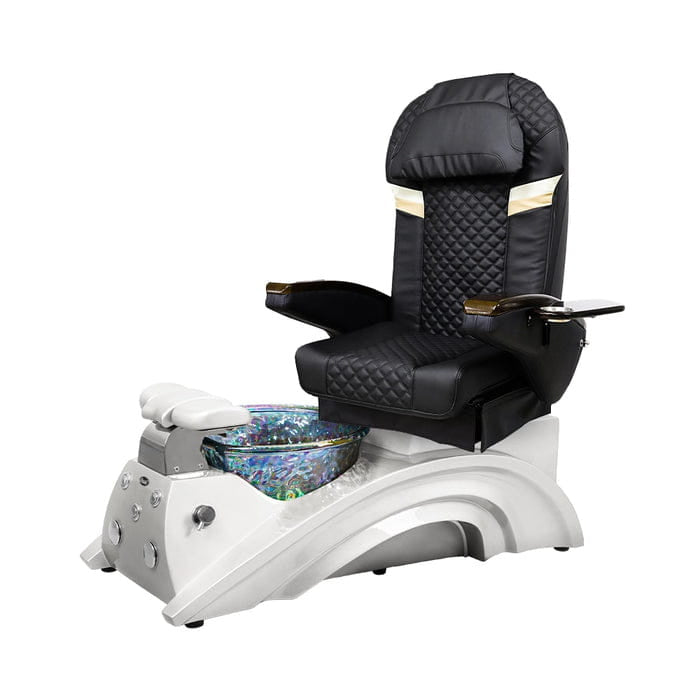 Black pedicure chair with white base and crystal bowl