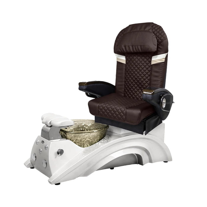 Brown pedicure chair with white base and nickel bowl