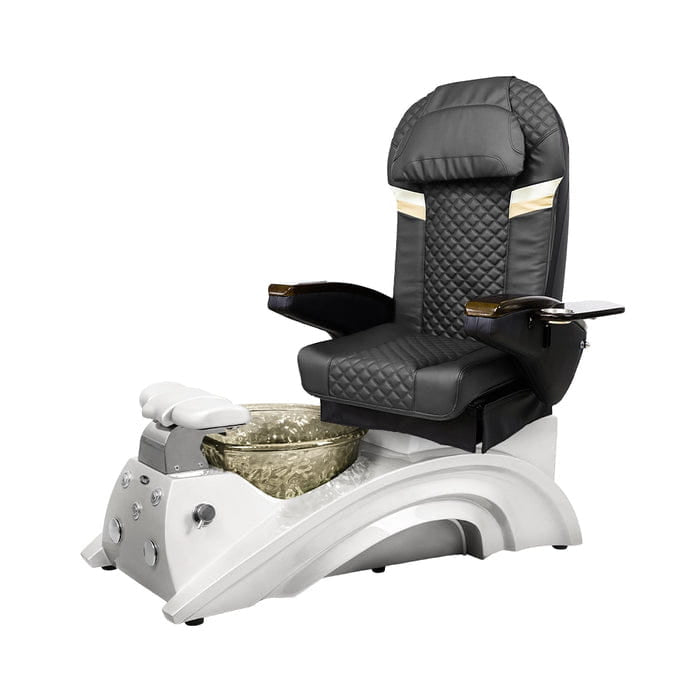 Dark gray pedicure chair with white base and nickel bowl