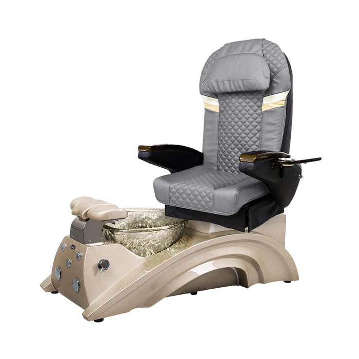 Light gray pedicure chair with champagne base and nickel bowl