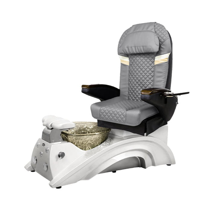 Light gray pedicure chair with white base and nickel bowl