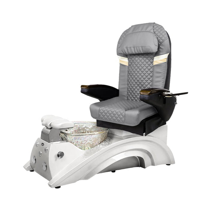 Light gray pedicure chair with white base and crystal bowl
