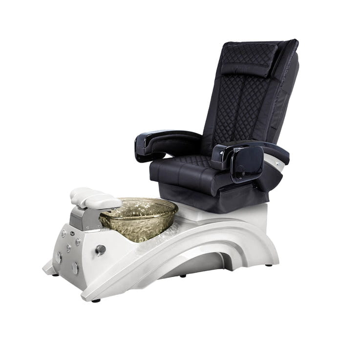 Black pedicure chair with white base and nickel bowl