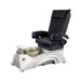 Black pedicure chair with white base and nickel bowl