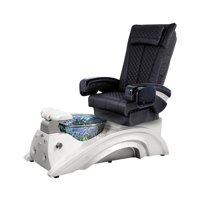 Black pedicure chair with white base and bluish bowl 