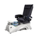 Black pedicure chair with white base and bluish bowl 