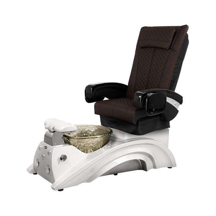 Brown pedicure chair with white base and nickel bowl