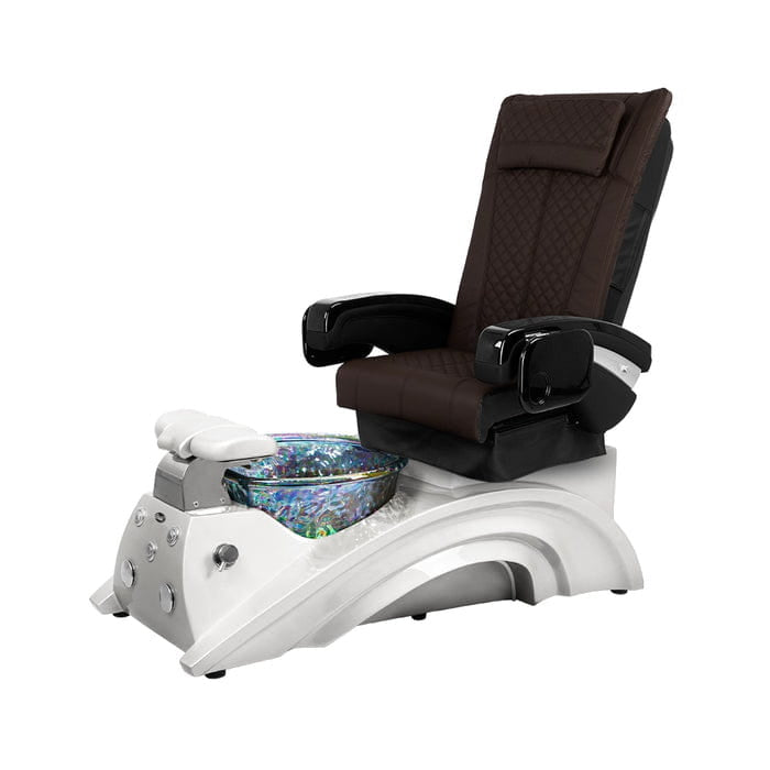 Brown pedicure chair with white base and pedicure bowl