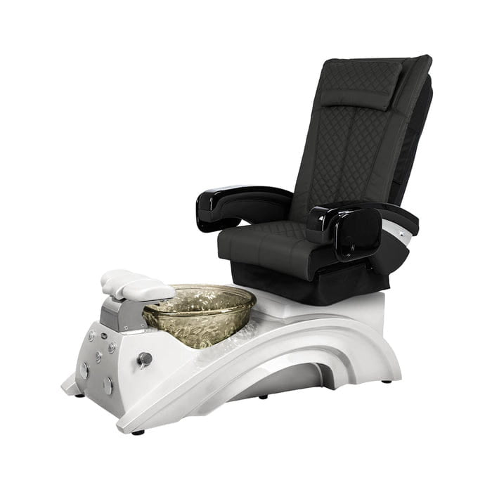 Dark gray pedicure chair with white base and nickel bowl 