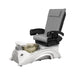 Light gray pedicure chair with white base and nickel pedicure bowl