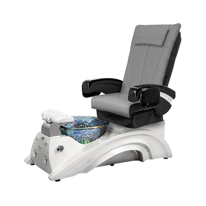 Light gray pedicure chair with white base and pedicure bowl