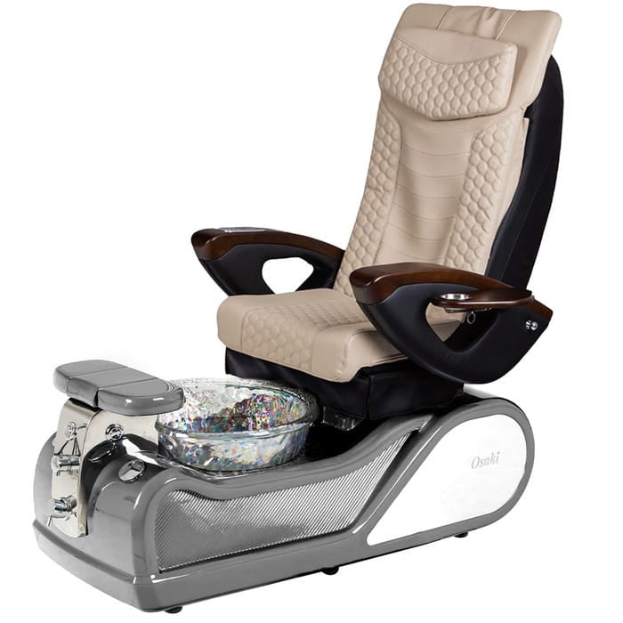 Beige pedicure chair with gray base and crystal bowl