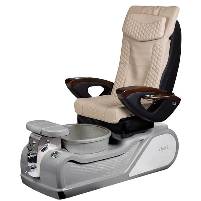 Beige pedicure chair with gray base and bowl 