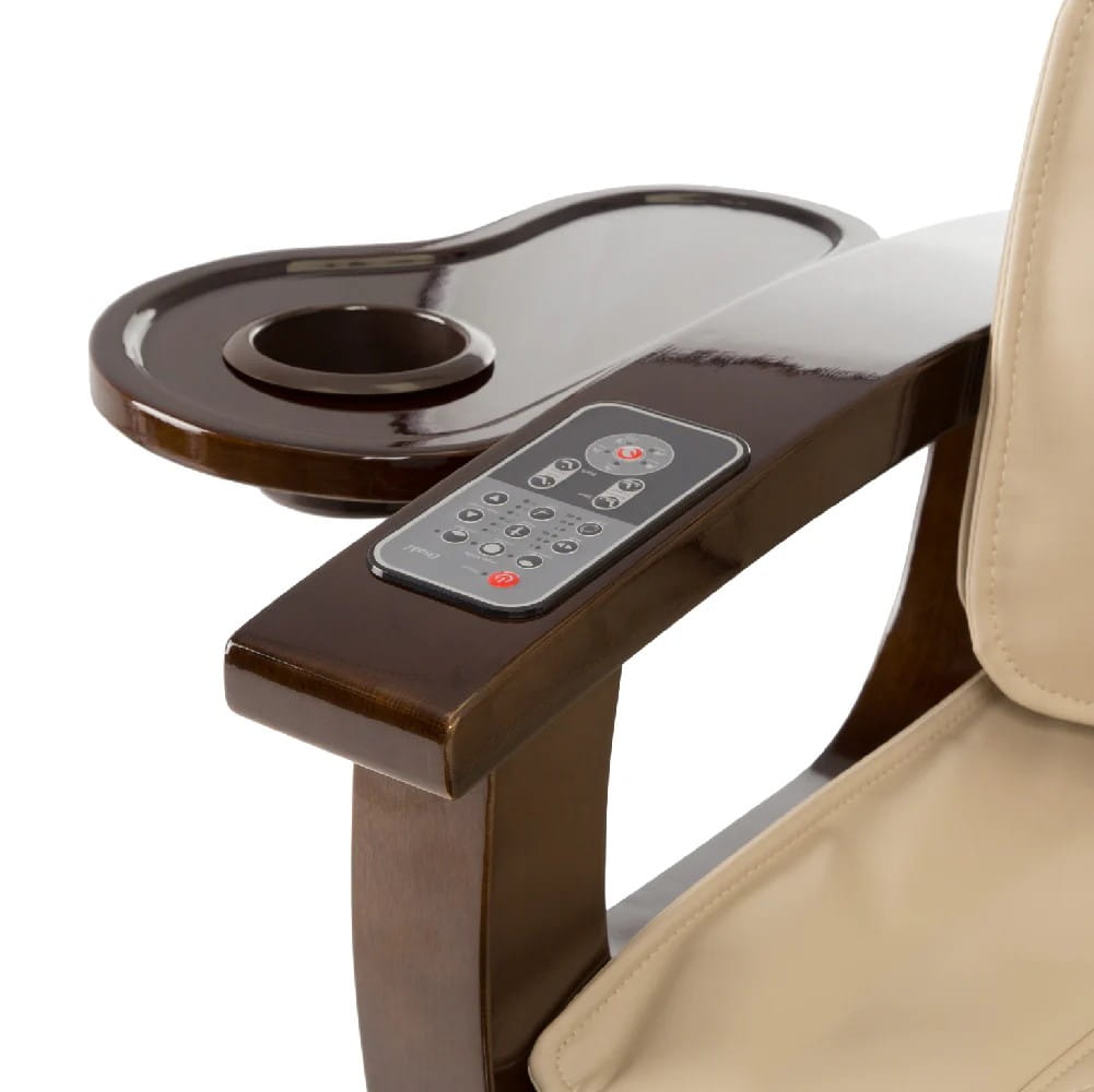 Beige massage chair top with closeup of built-in armrest remote
