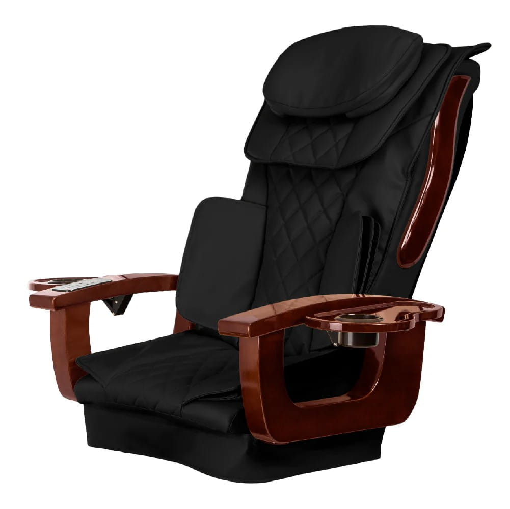 Black massage chair with wooden armrests