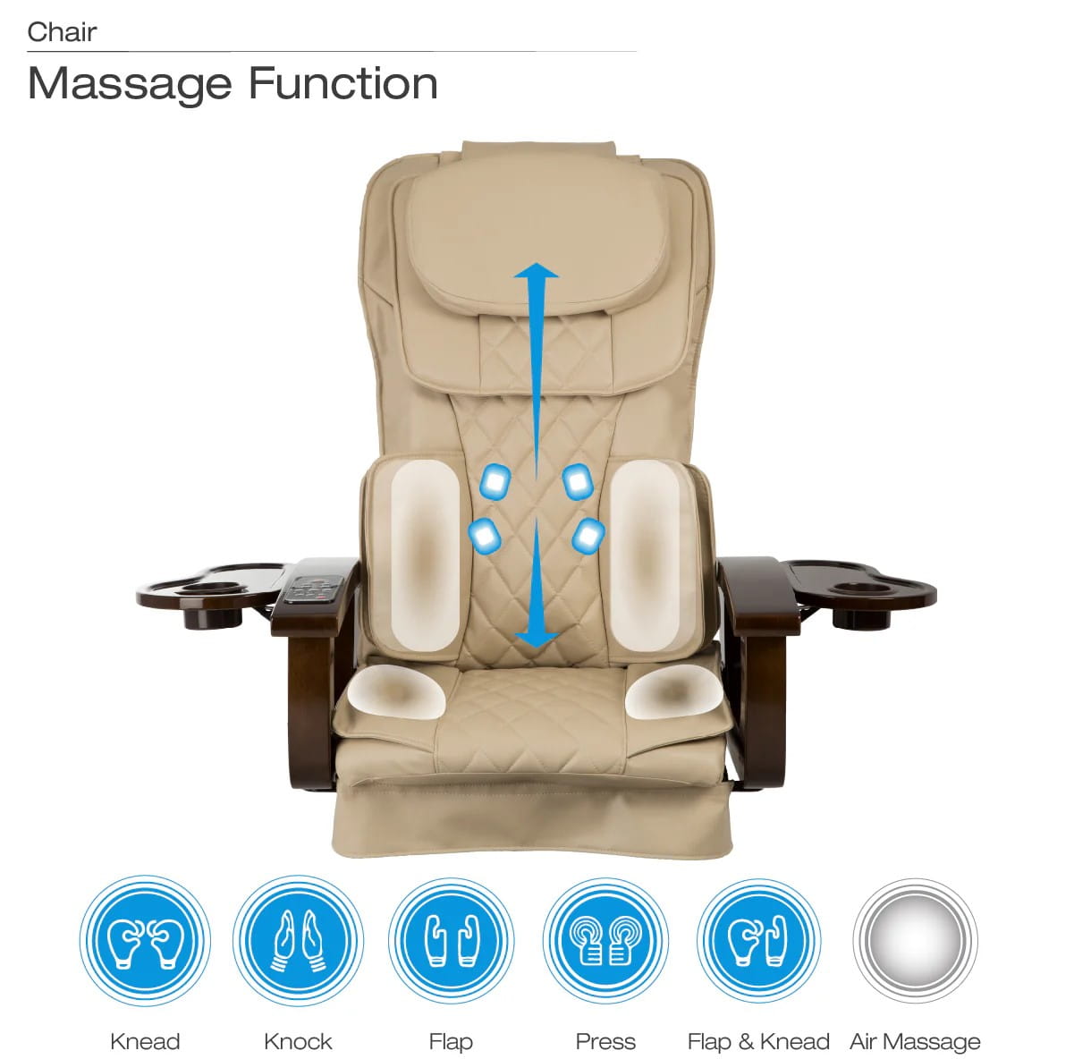 Beige pedicure massage chair top with various massage functions listed