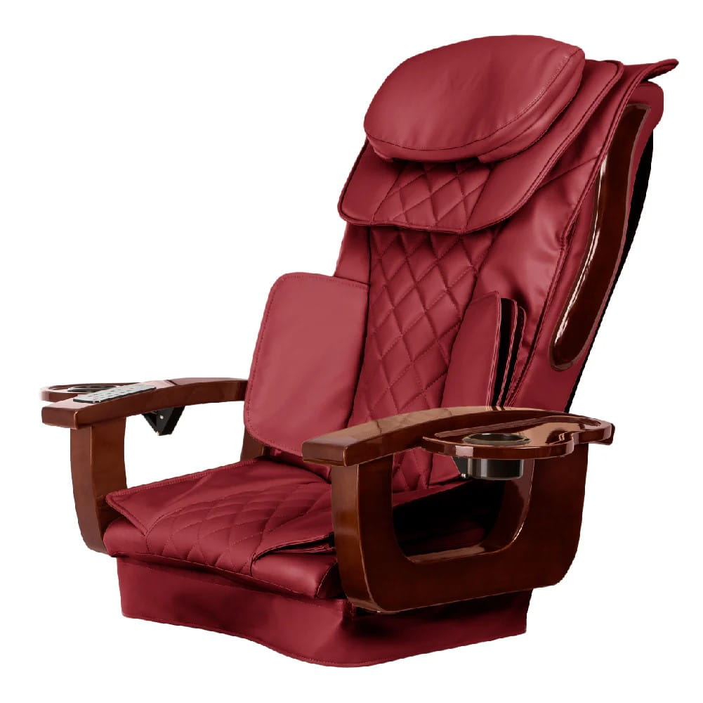 Red massage chair with wooden armrests