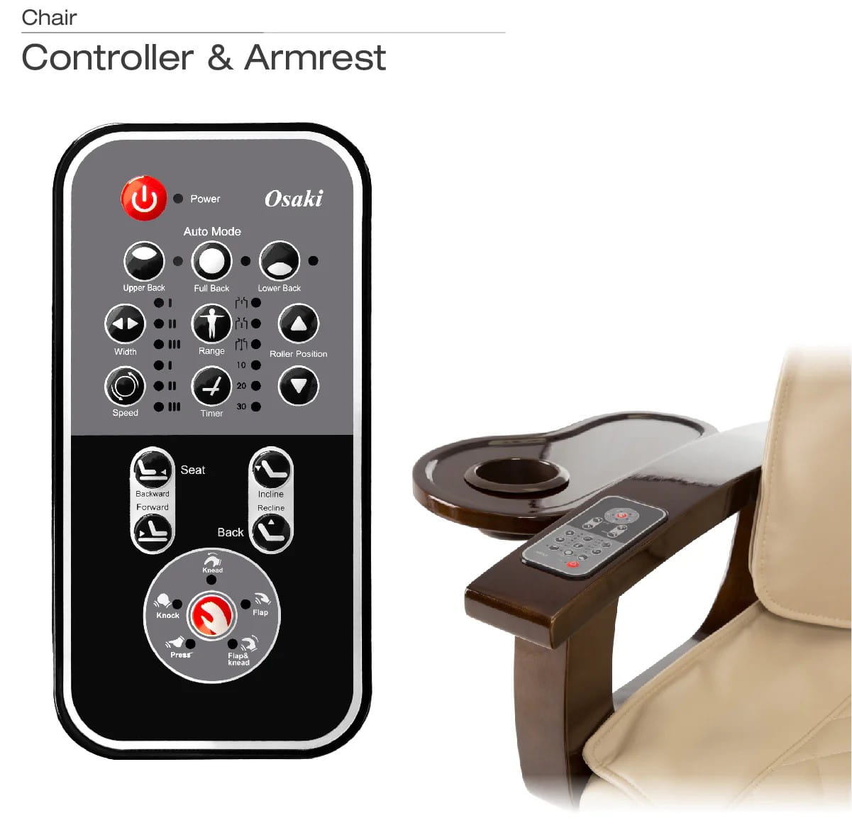 Closeup of pedicure massage chair top armrest remote next to a beige chair with wooden armrests