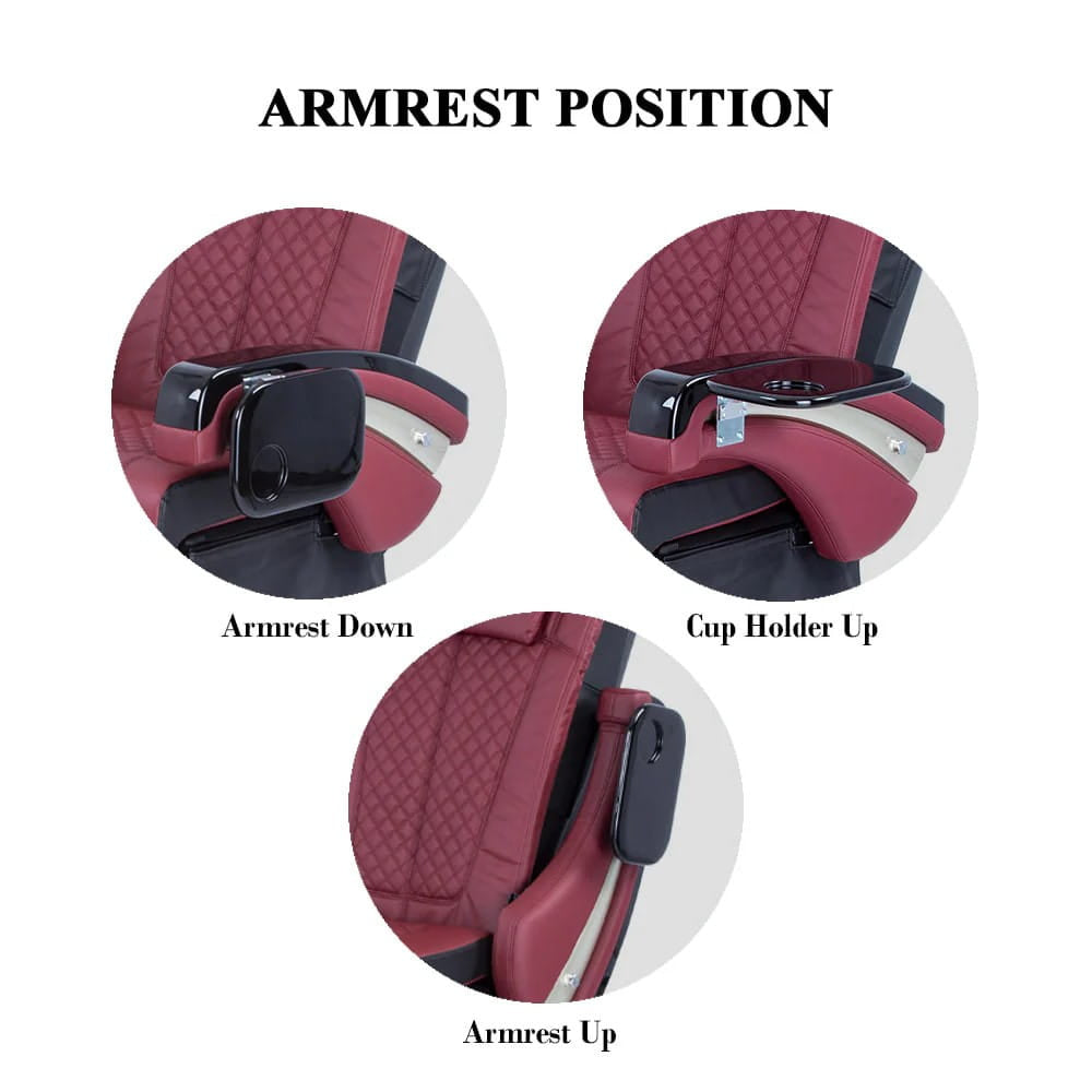 Red massage chair with various armrest positions on display on white background