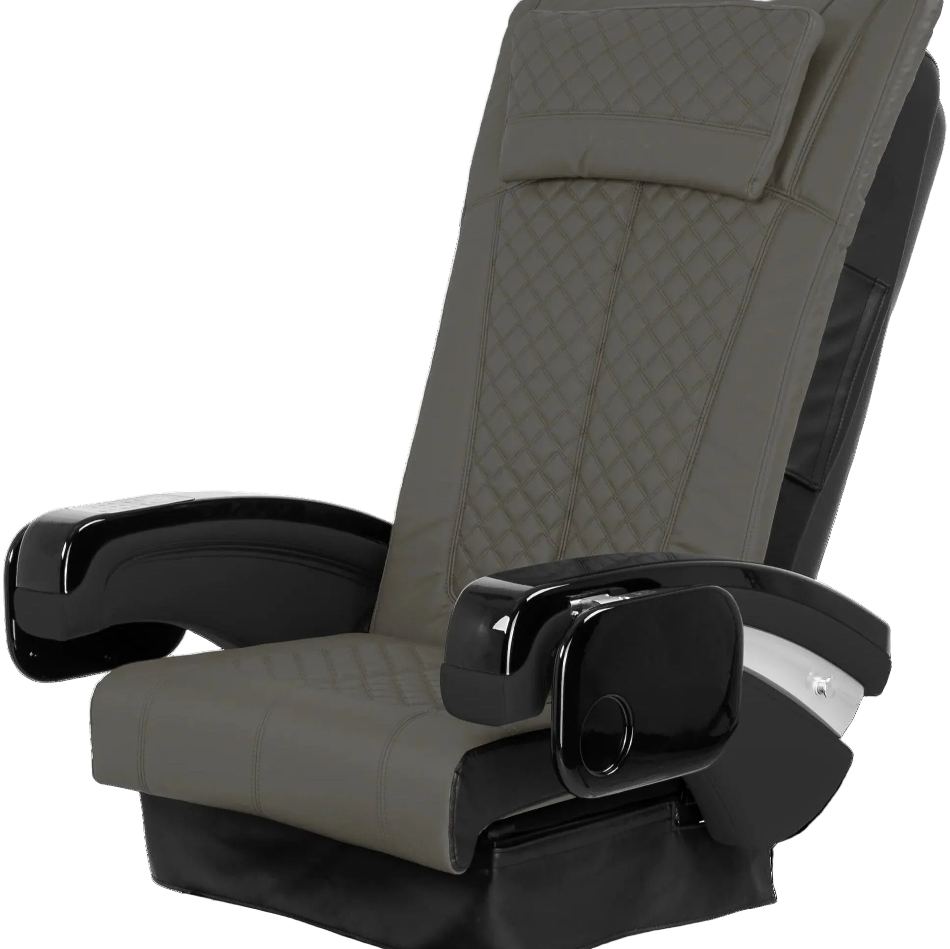 Earth colored massage chair with black armrests
