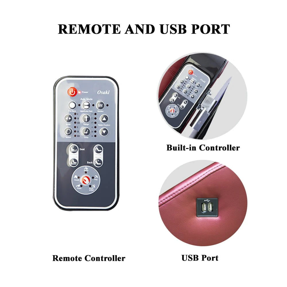 pedicure massage chair top remote pictured along with USB port and built in controller
