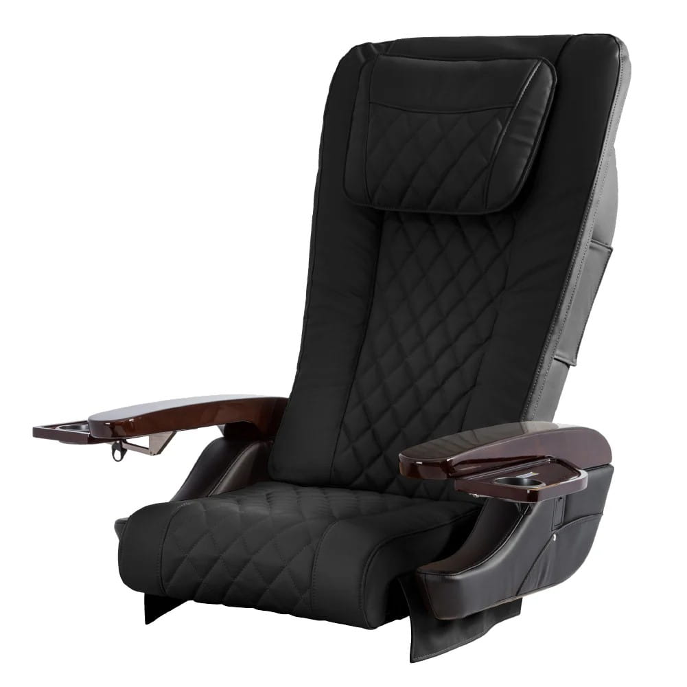 Black massage chair top with brown armrests