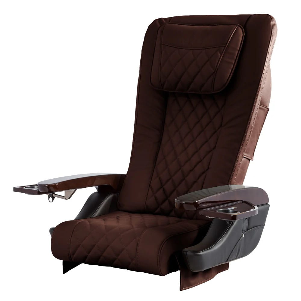 Cappuccino colored massage chair top with brown armrests 