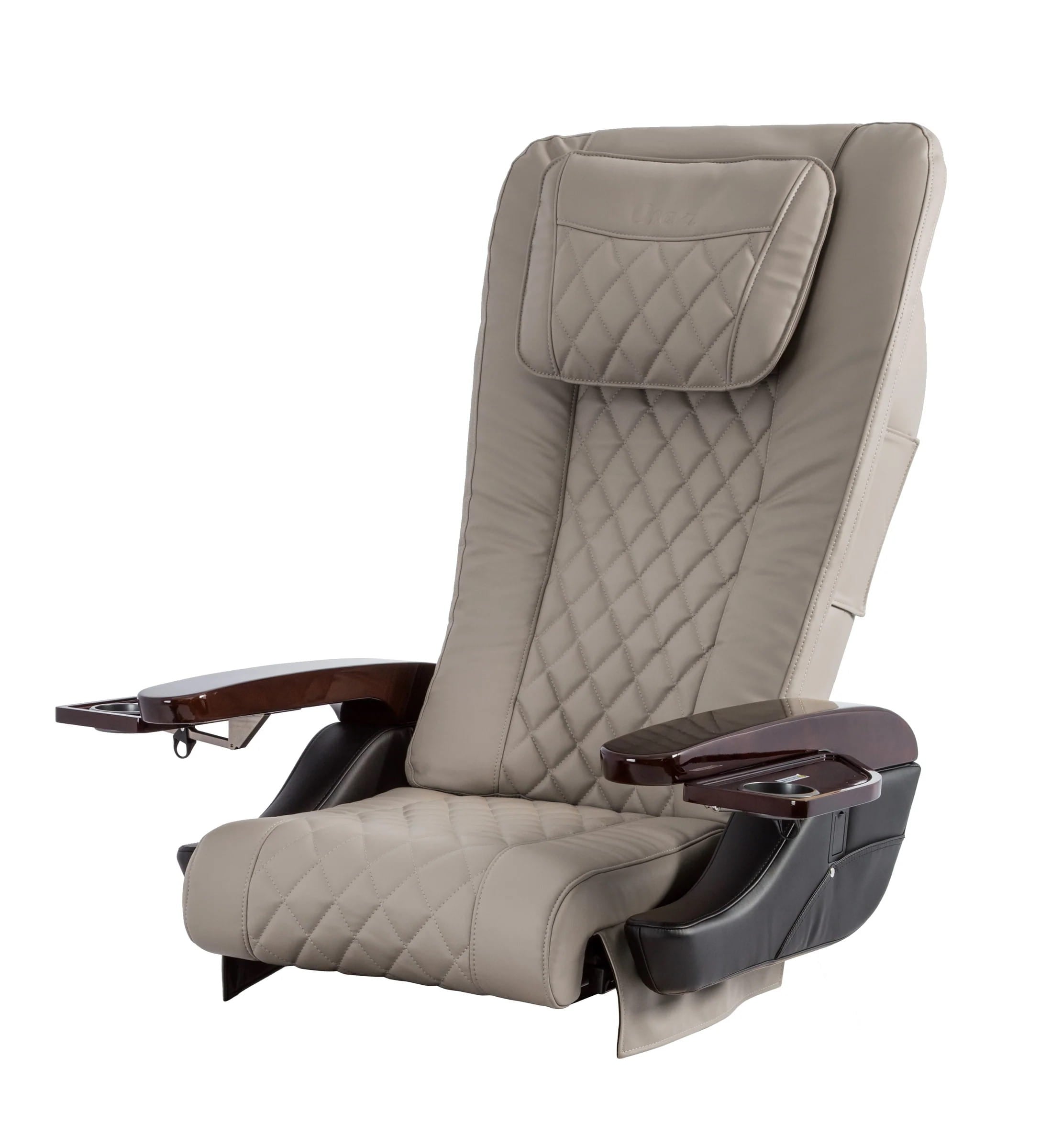 Light gray pedicure massage chair top with brown armrests