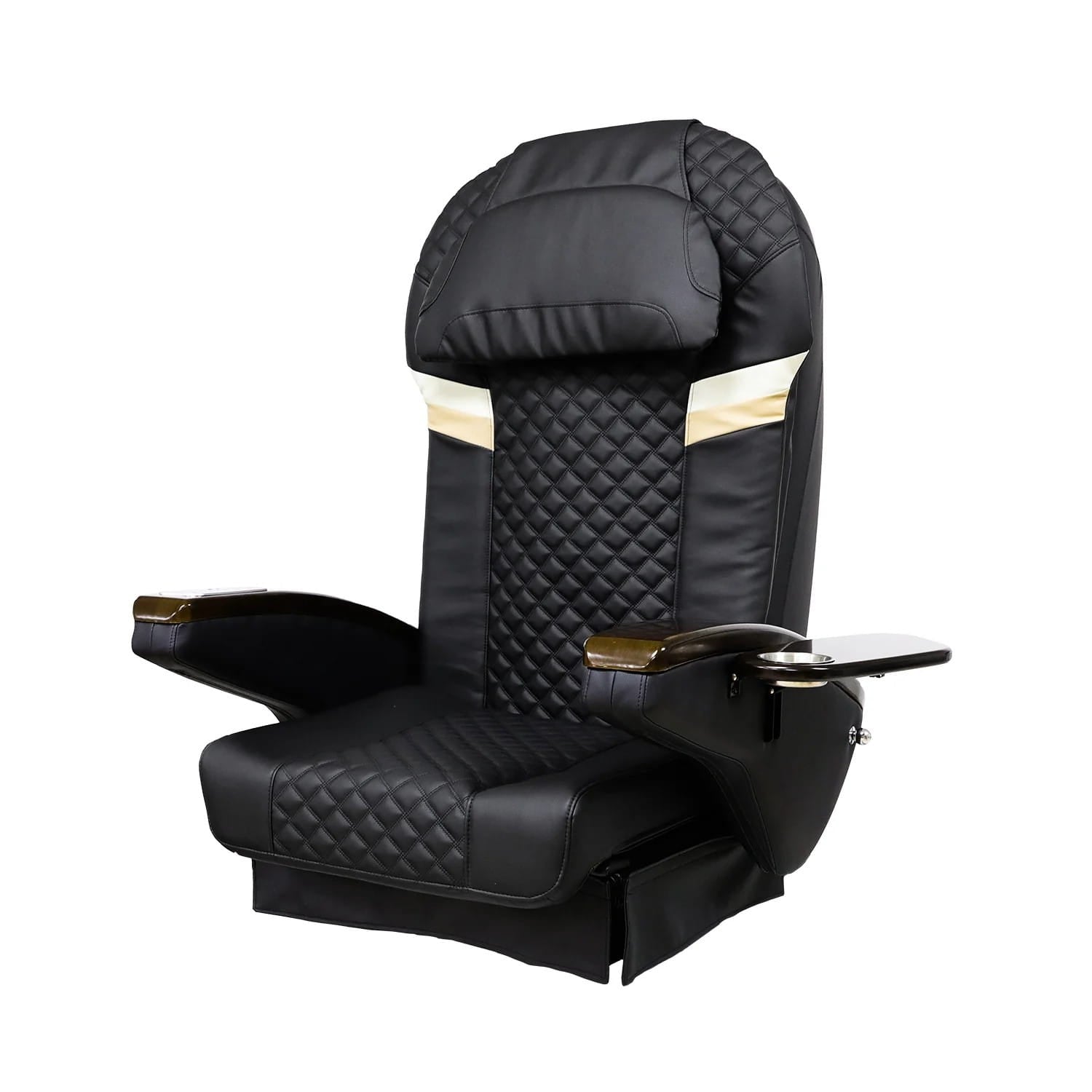 Black pedicure massage chair top with gold accents and brown armrests