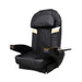 Black pedicure massage chair top with gold accents and brown armrests