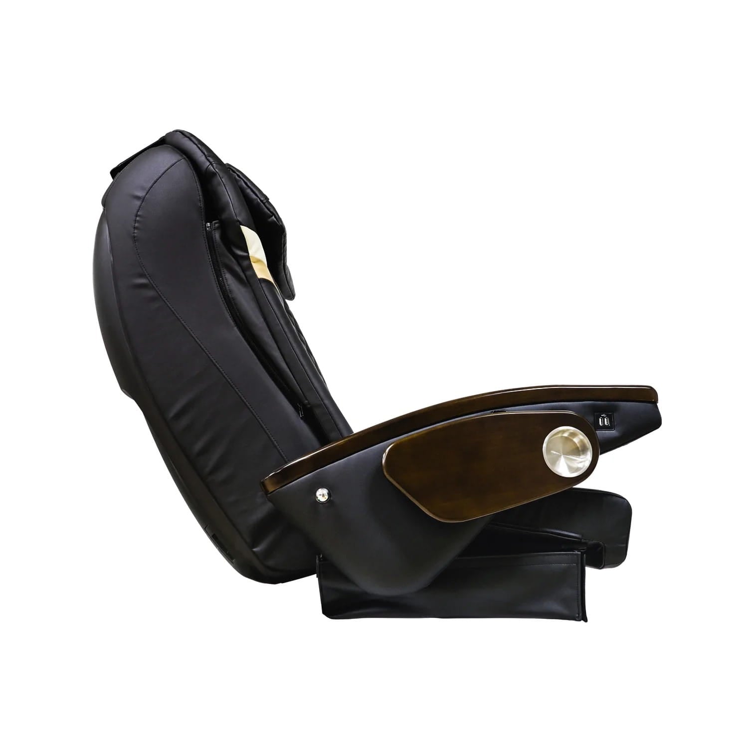 Side view of black massage chair top with gold accents and brown armrests