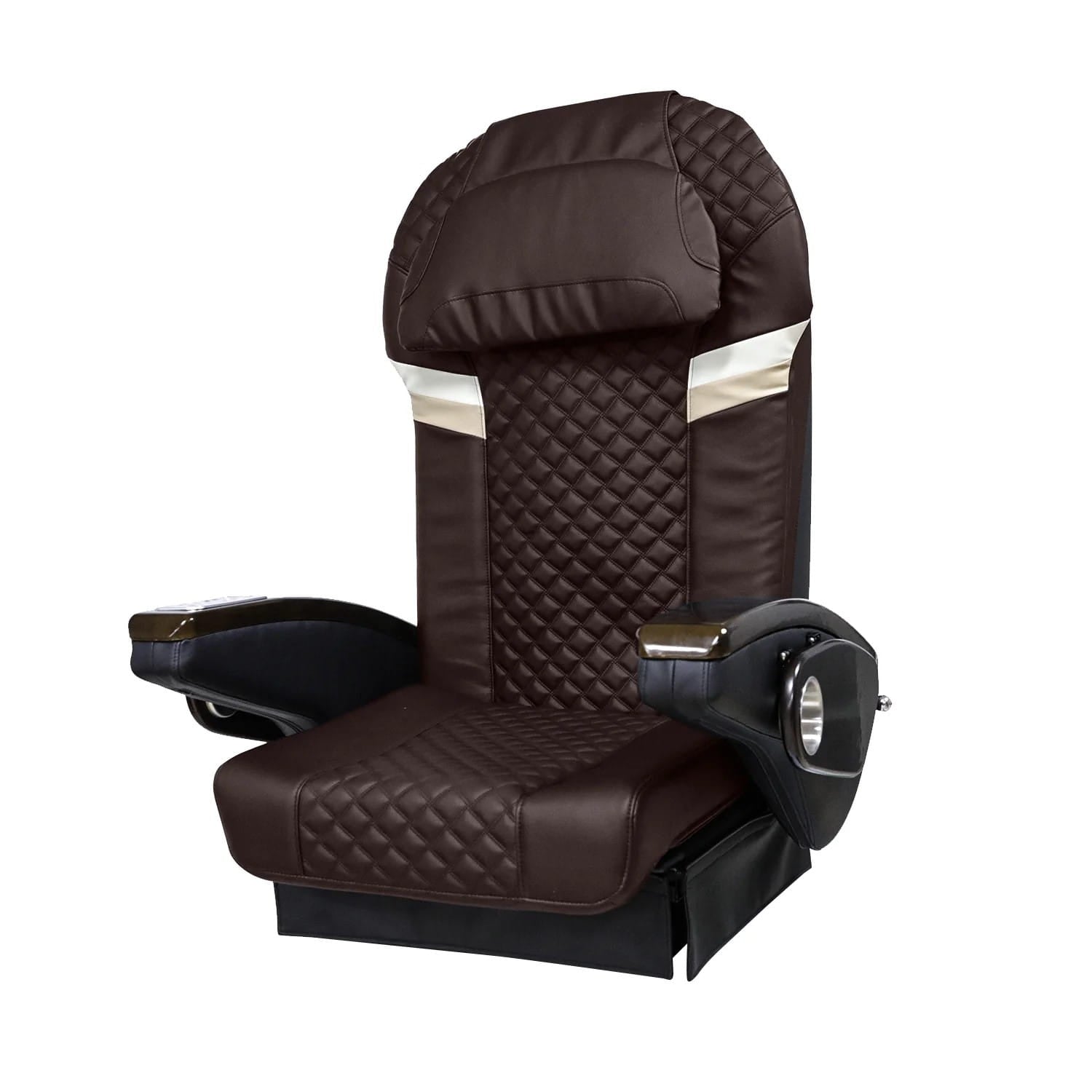 Brown pedicure massage chair top with gold accents and brown armrests
