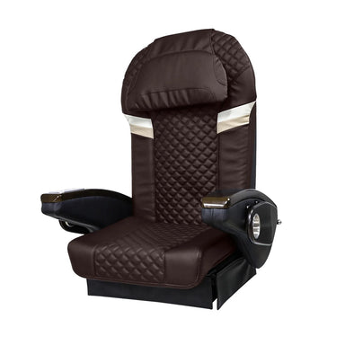 Brown pedicure massage chair top with gold accents and brown armrests