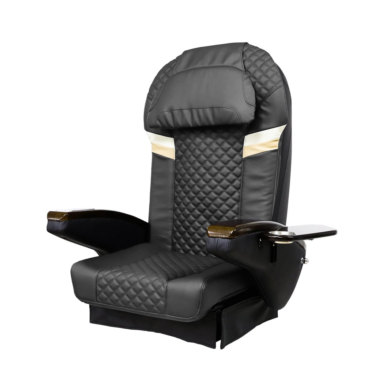 Dark gray massage chair top with gold accents and brown armrests
