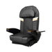 Dark gray massage chair top with gold accents and brown armrests