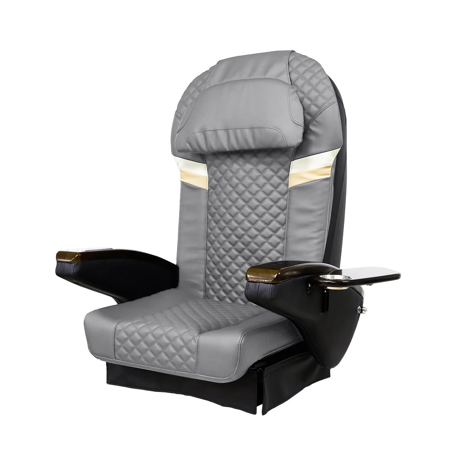 Light gray massage chair top with gold accents and brown siderests