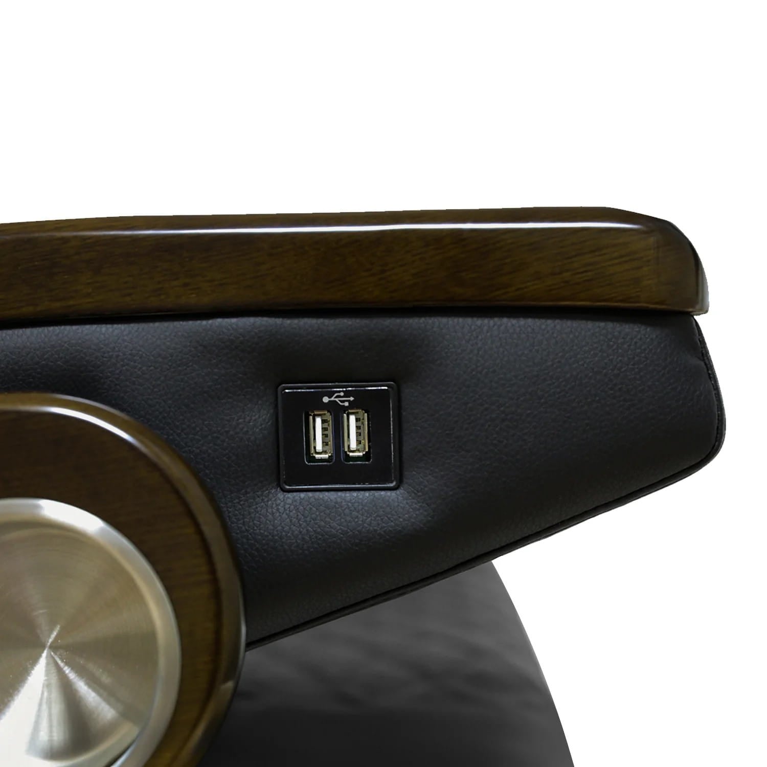 Side view of black massage chair with built in USB connection