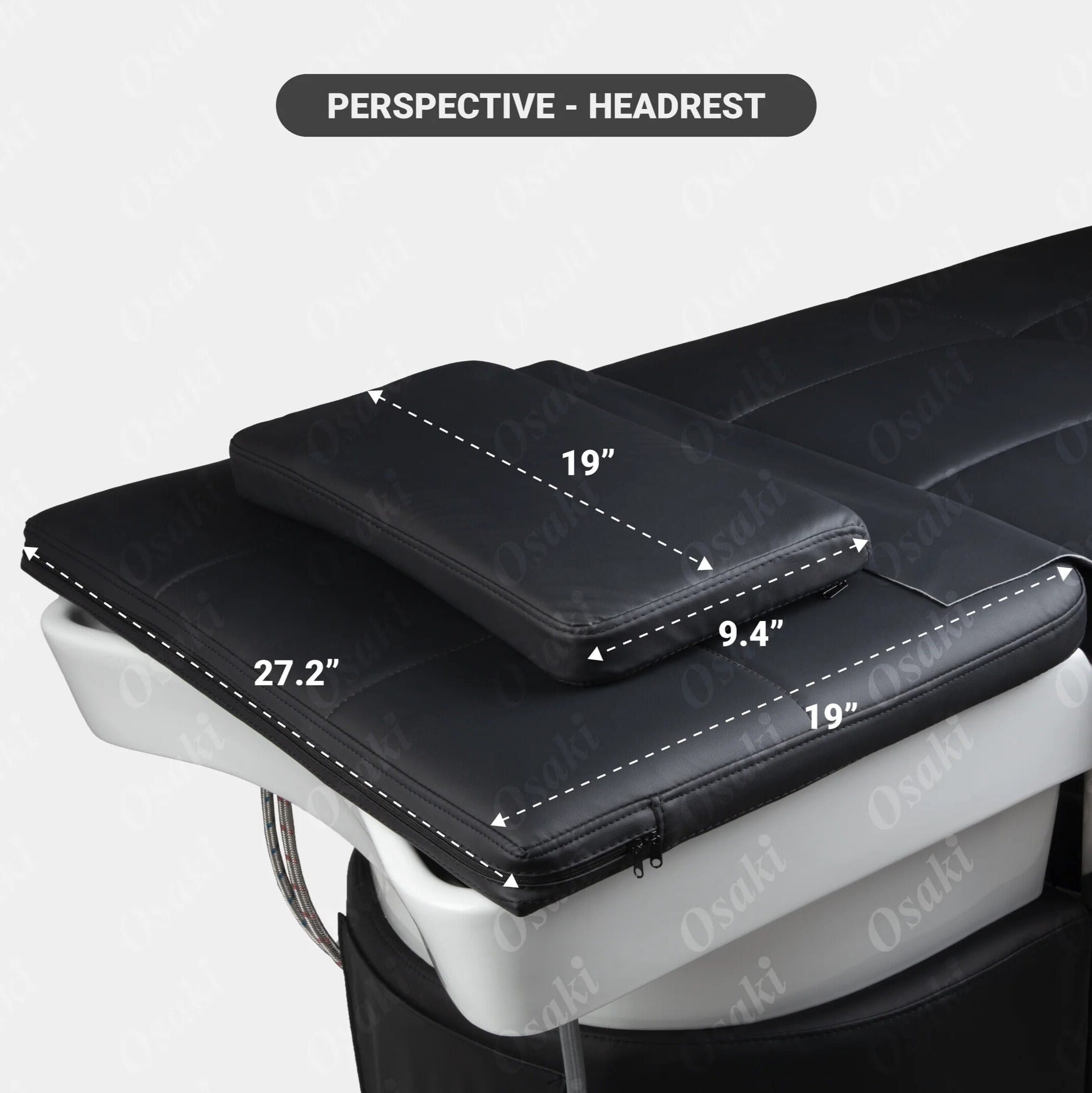 Closeup of Shampoo Bed headrest pillow with measurements