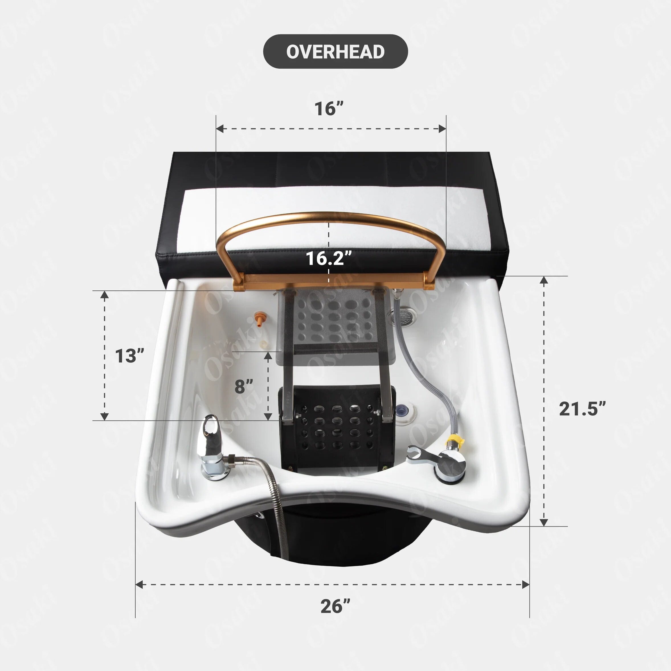 Overhead image of shampoo bed sink with measurements 