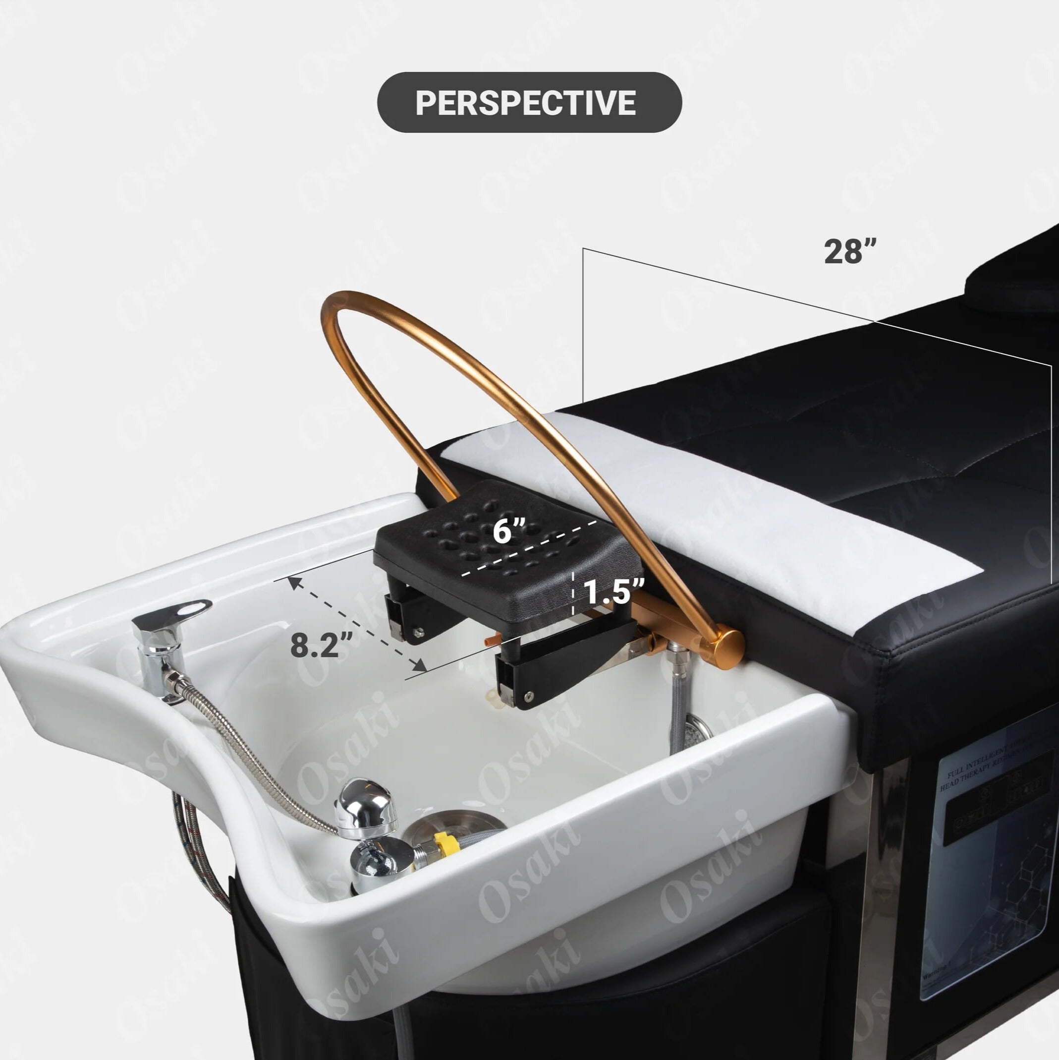 Closeup of shampoo bed with measurements
