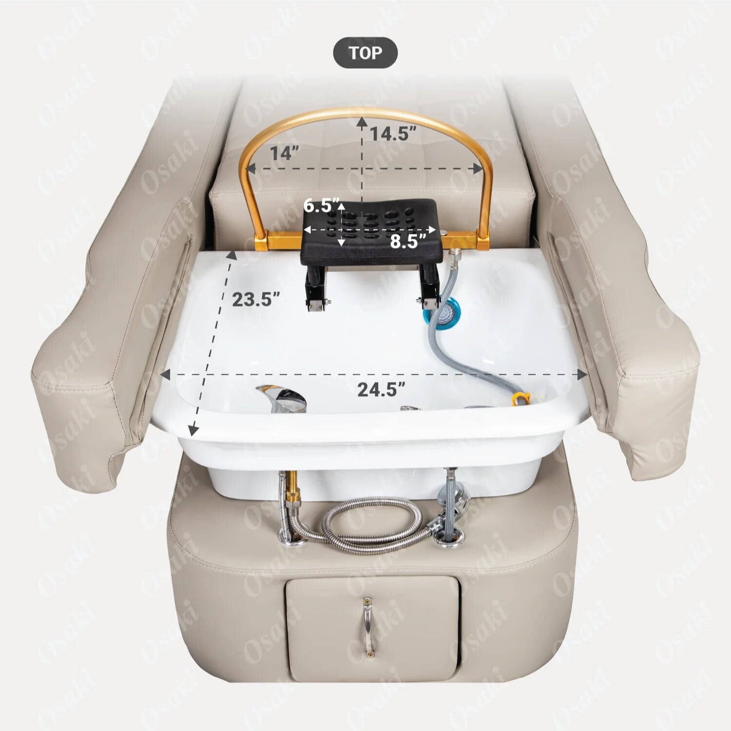 Beige pedicure bed with shampoo bowl and headrest measurements