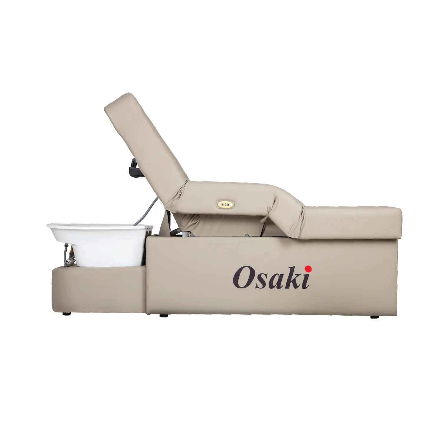 Beige pedicure bed with seat in upright position