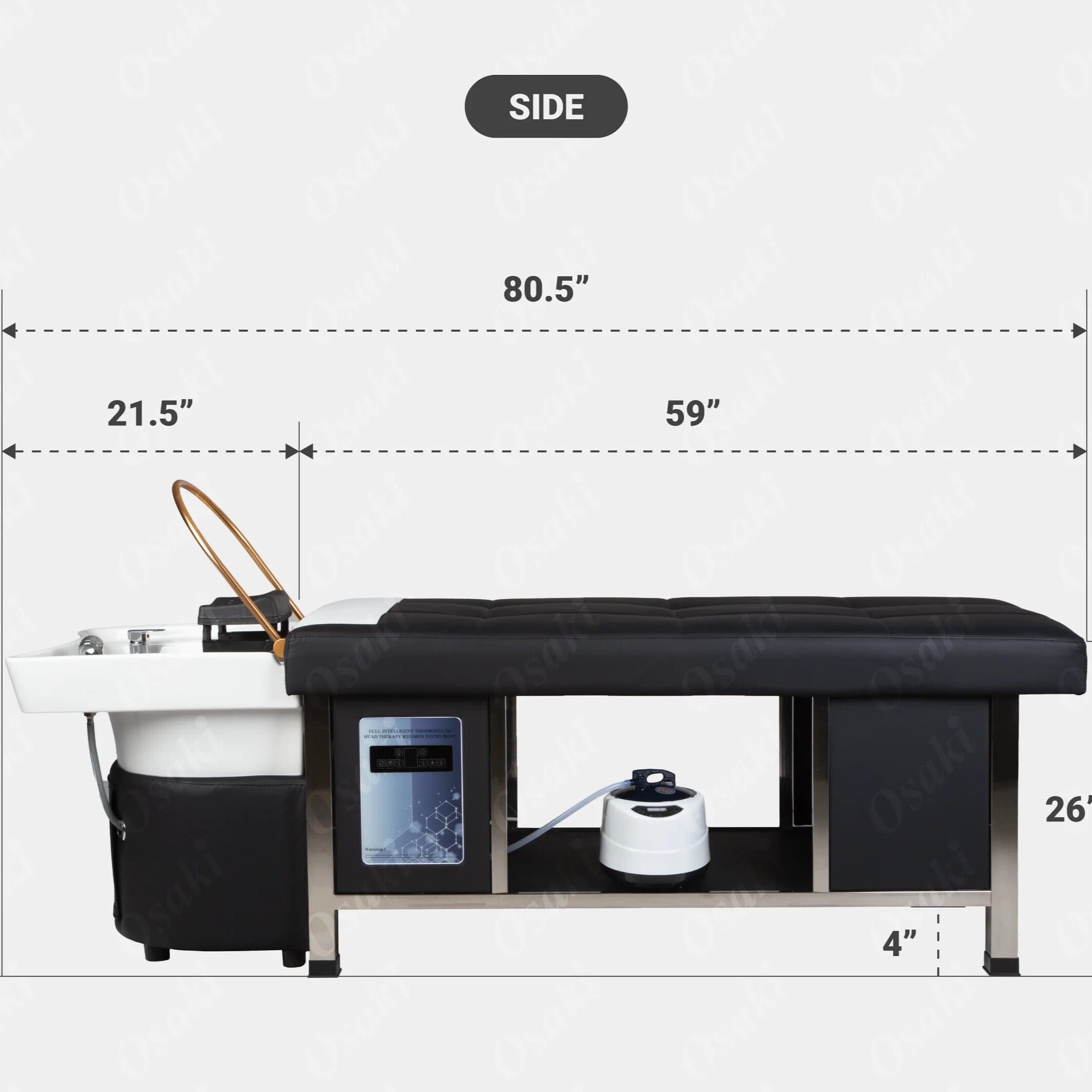 Black shampoo bed with measurements
