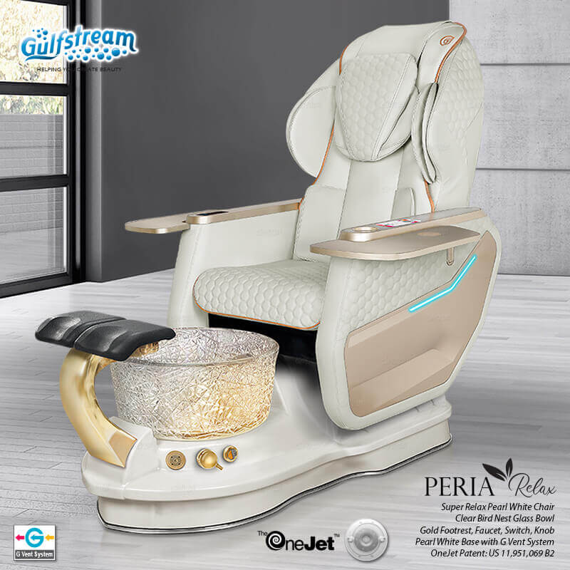 Gulfstream Peria Relax Spa with Pearl White Super Relax 3 chair, white base and Bird Nest crystal bowl