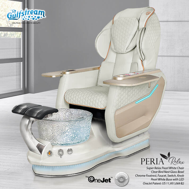 Gulfstream Peria Relax Spa with Pearl White Super Relax 3 chair, white base and Bird Nest crystal bowl