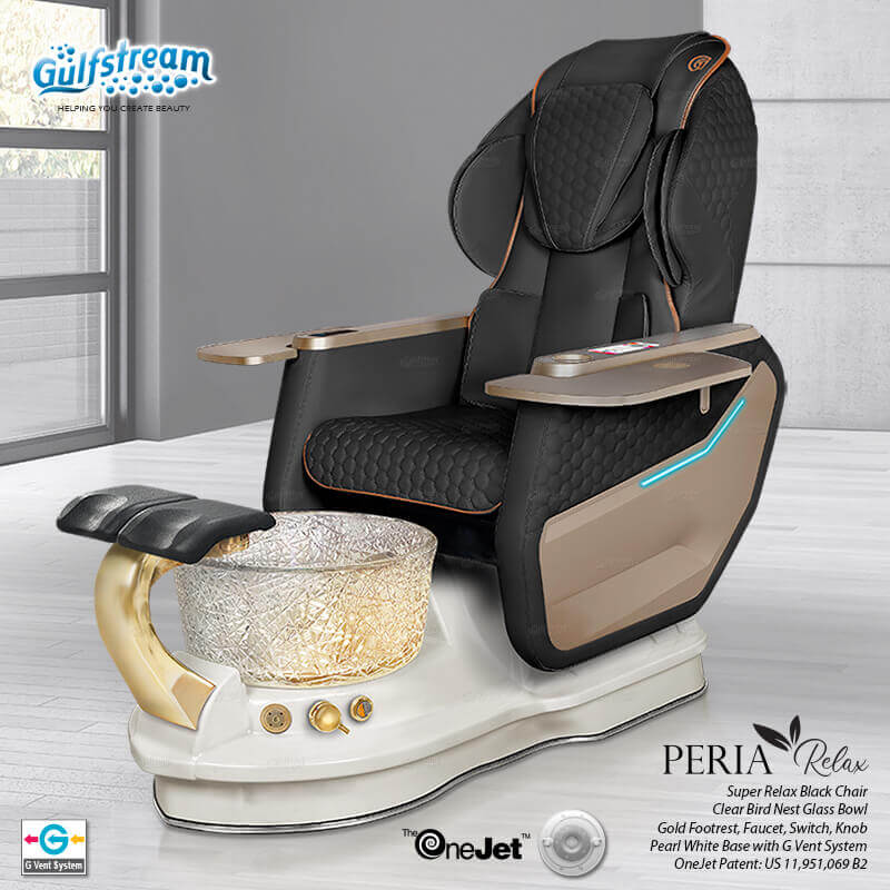 Gulfstream Peria Relax Spa with Black Super Relax 3 chair, white base and Bird Nest crystal bowl